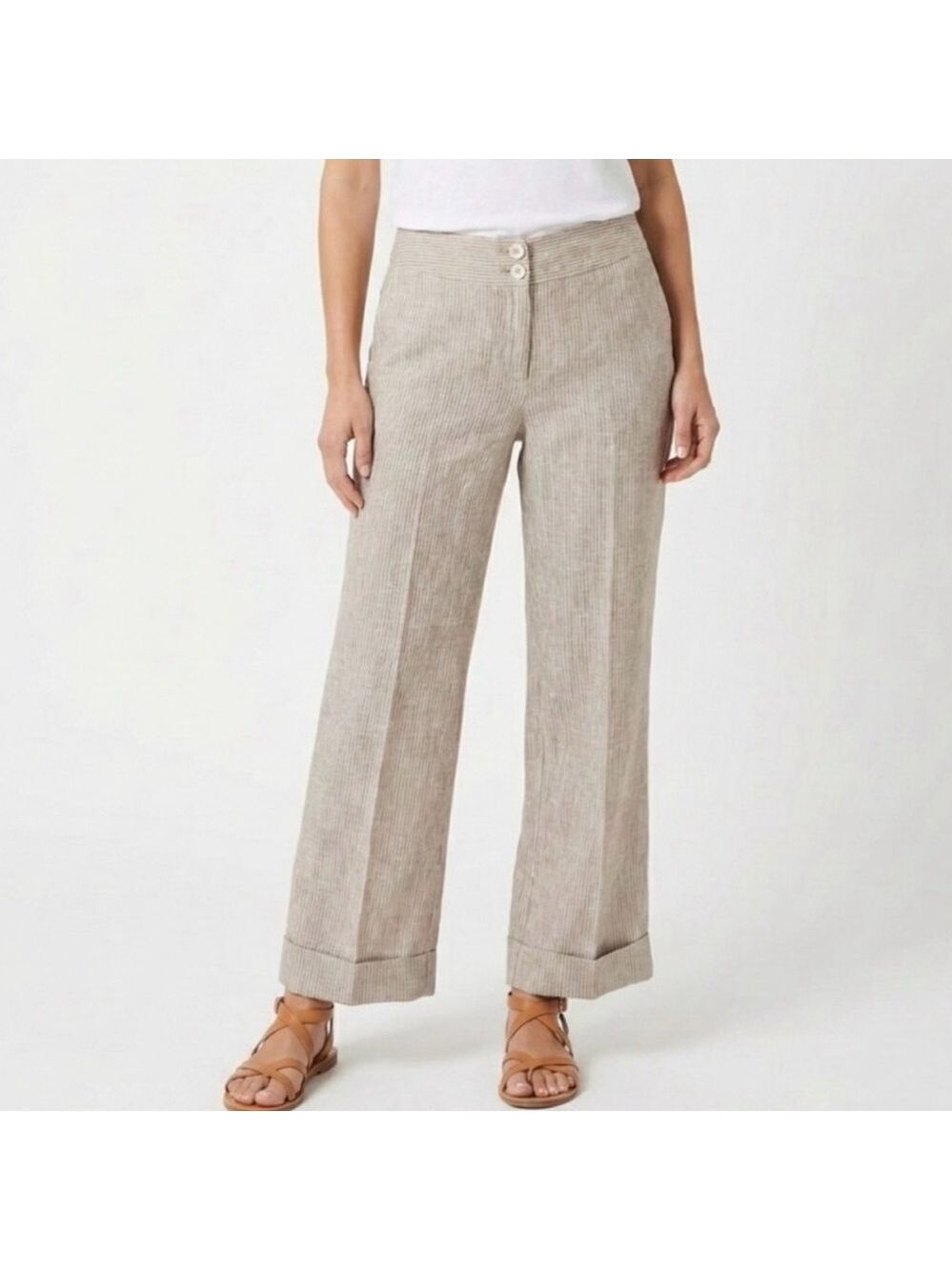 MARGARET M Linen Blend Pin Stripe Wide Leg Cuffed Trousers  MADE IN CANADA Sz 4